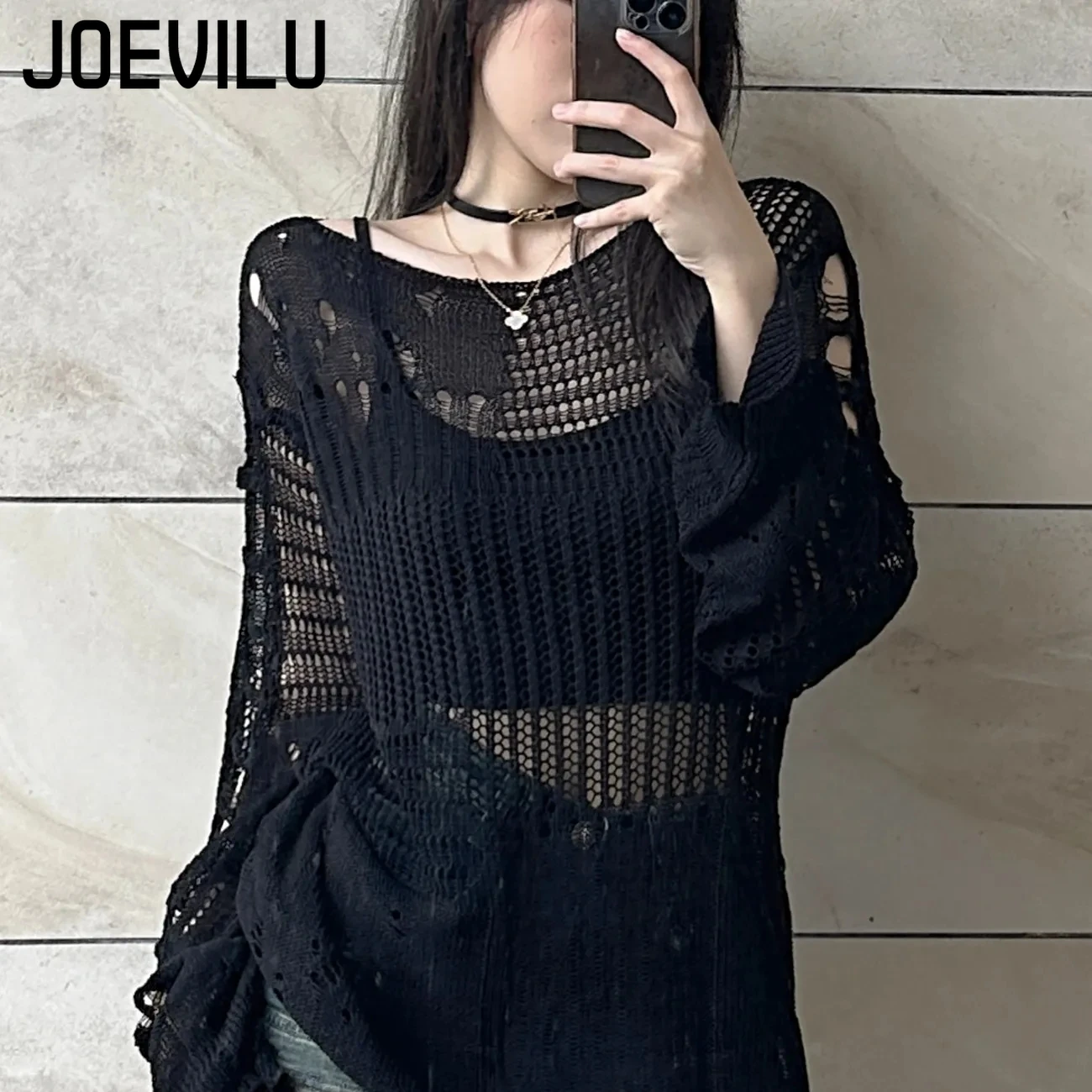 Vintage Flannel Shirt - JOEVILU Hollow Knit Blouse Summer Loose