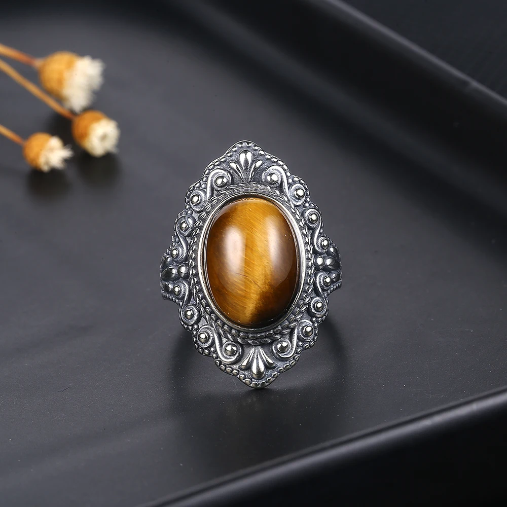 Natural Tiger Eye Gemstone Rin - Vintage Fashion Looks ulasan dan harga