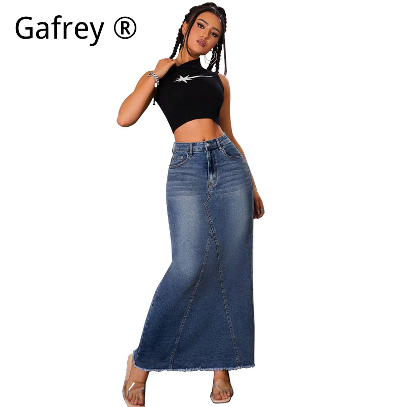 Women Denim Midi Skirt High Wa - Vintage Fashion Streetwear ulasan dan harga