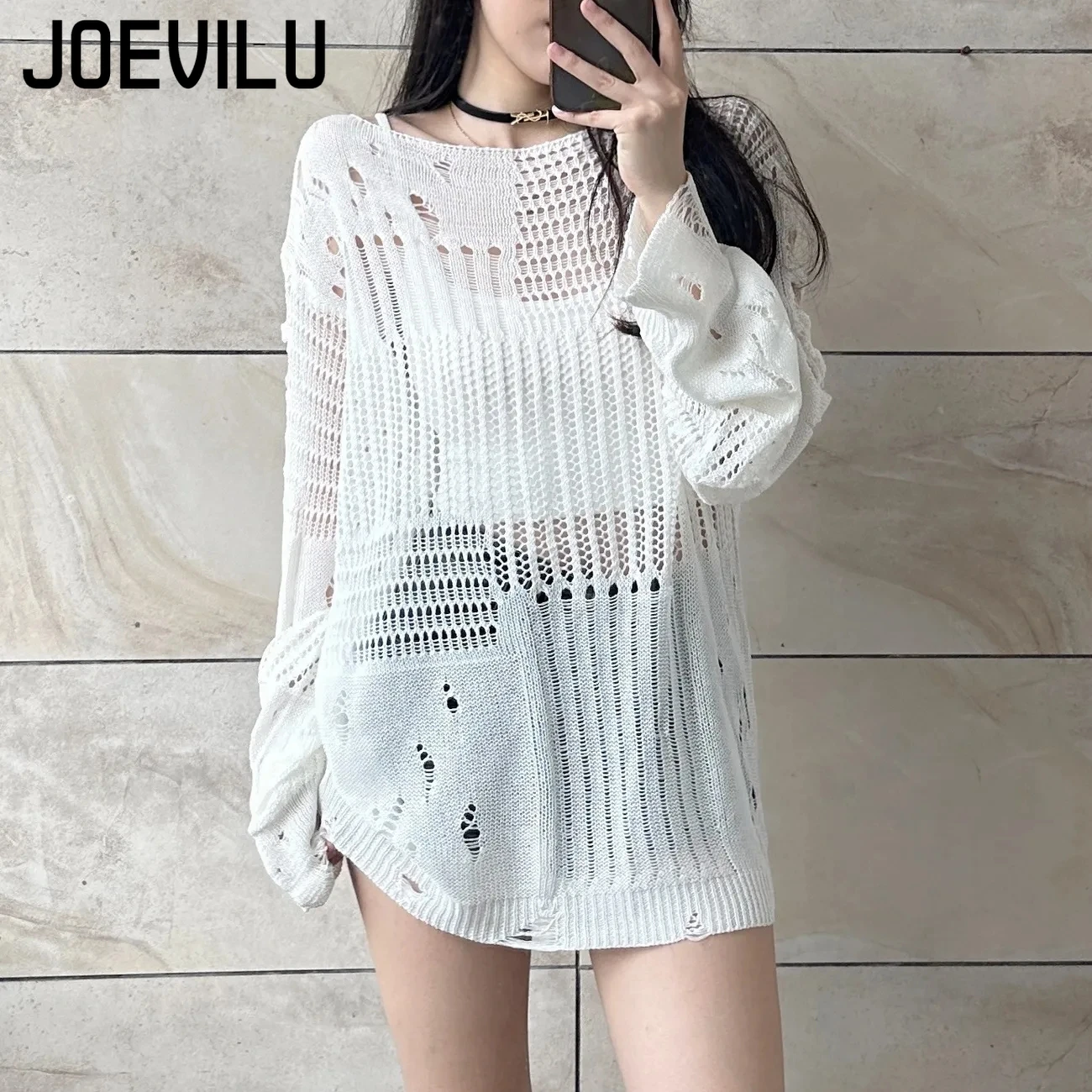 JOEVILU Hollow Knit Blouse Sum - Vintage Flannel Shirt ulasan dan harga