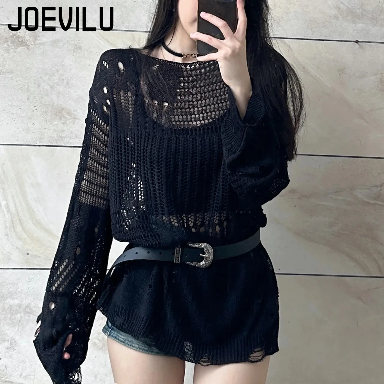 JOEVILU Hollow Knit Blouse Sum - Vintage Flannel Shirt ulasan dan harga