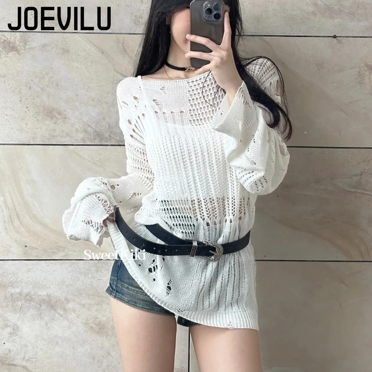 JOEVILU Hollow Knit Blouse Sum - Vintage Flannel Shirt ulasan dan harga