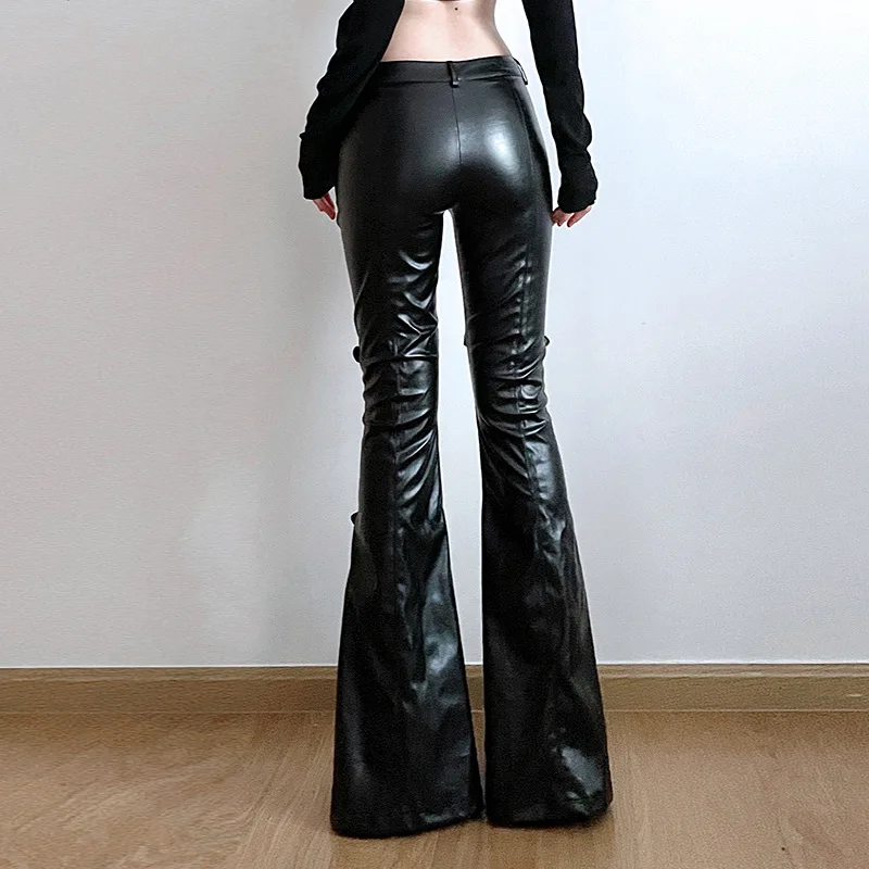 Women's PU Leather Flare Pants - Vintage Fashion Streetwear ulasan dan harga